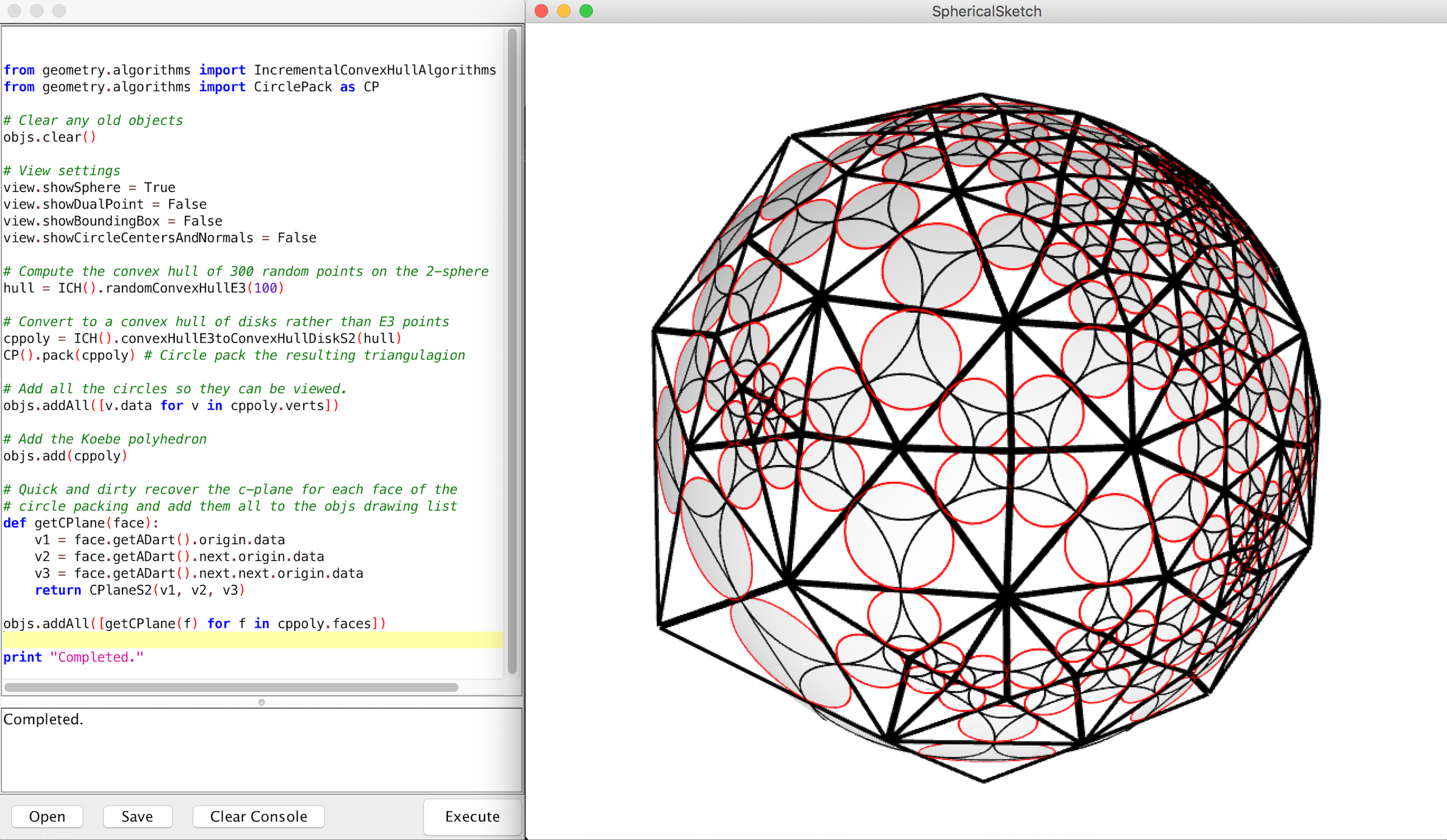 A screenshot of the SphericalSketch app of Koebe-Lib.