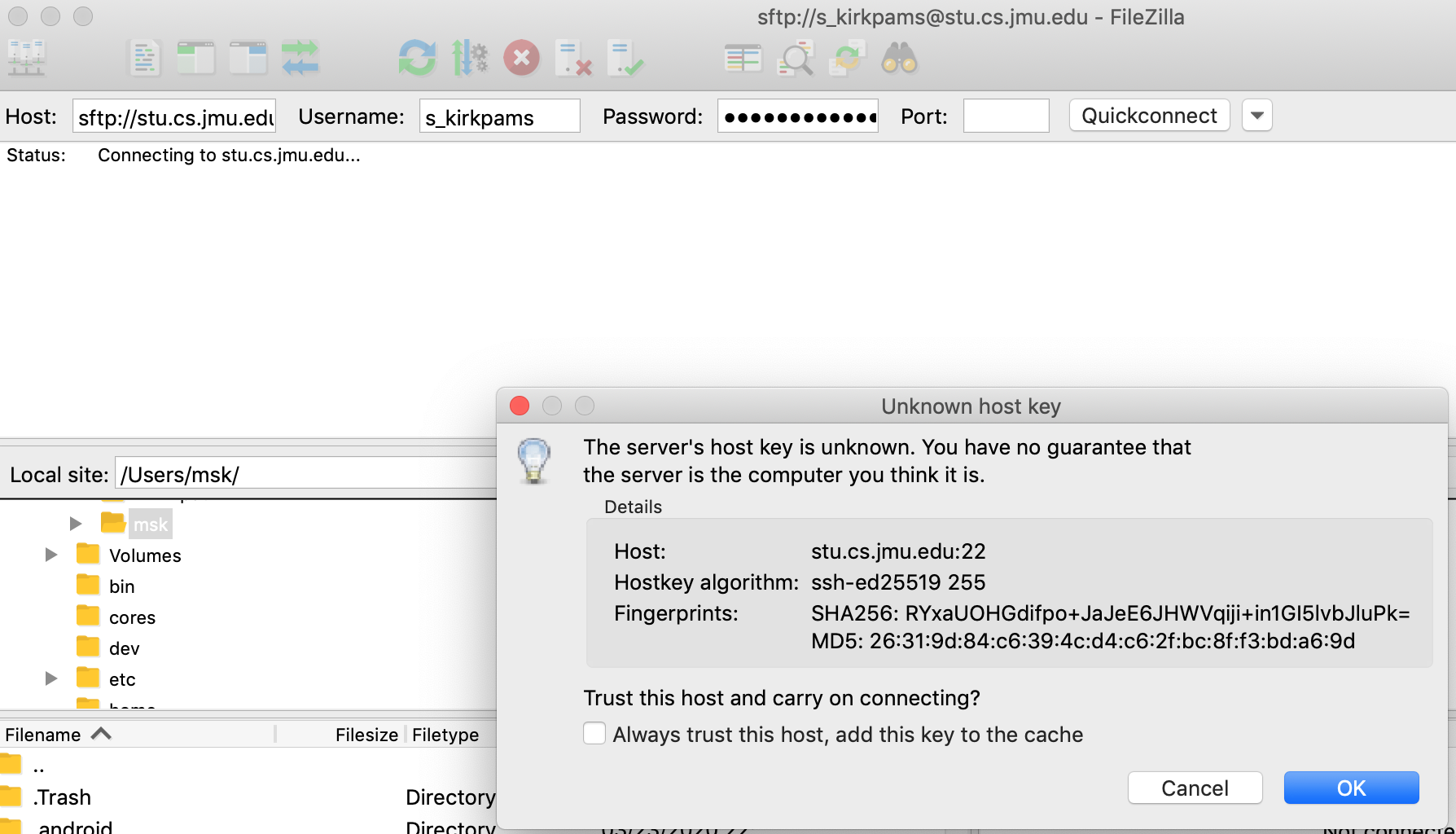 Connecting to stu.cs.jmu.edu using FileZilla