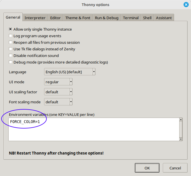 Screenshot of Thonny's options