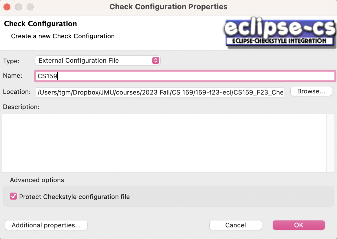 Eclipse&rsquo;s Checkstyle config window