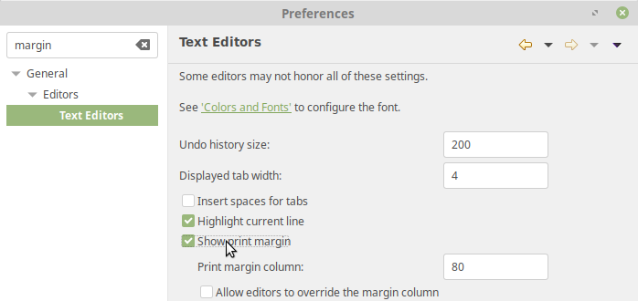 Show the print margin (under Text Editors) to see the 80-character limit.