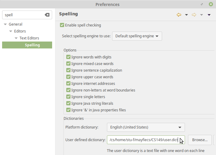 Specify a “user defined dictionary” (filename) for the spell checker. This file will store new words you add to the dictionary. You will need to create an empty file named user.dict in your workspace location first.
