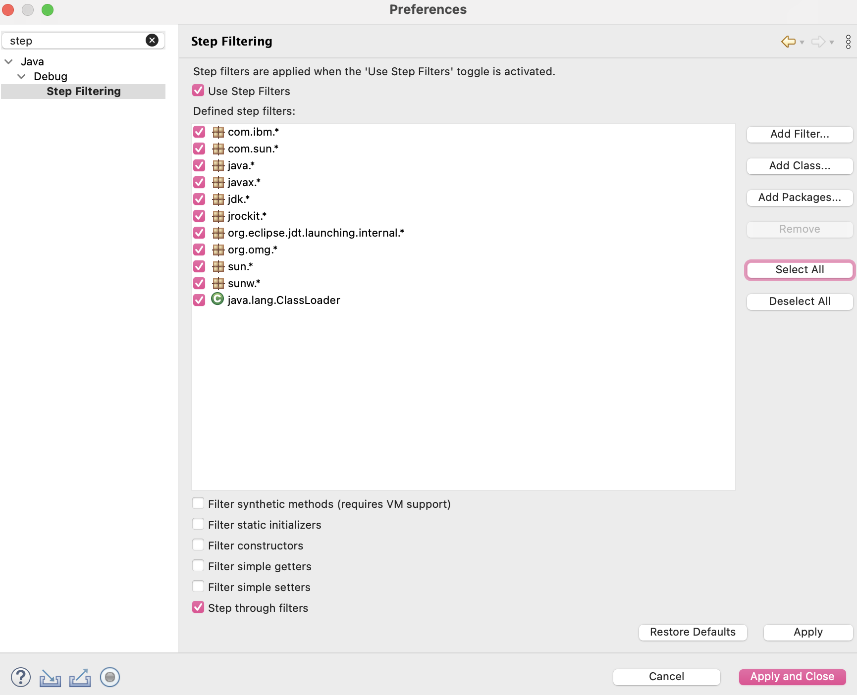 Configure your debugger so that it will not attempt to step through code that you didn’t write. Note: the ‘Select All’ button on the side of this pane is useful to get most of it ready quickly.