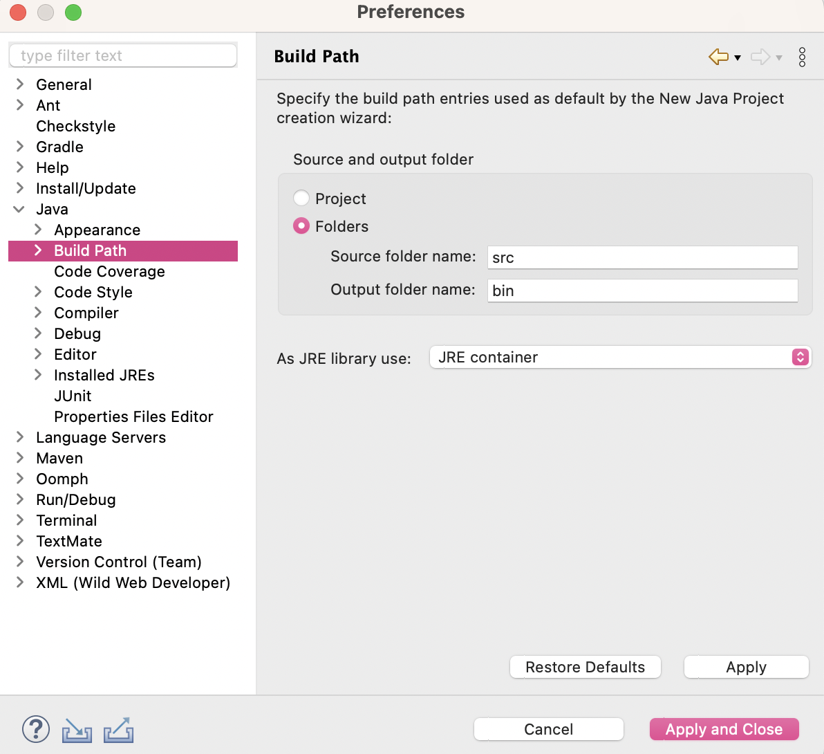 Ensure the Java Build Path used by default for New Java Projects is the original Eclipse default, which is such that the source and output are separate folders named ‘src’ and ‘bin’, respectively.