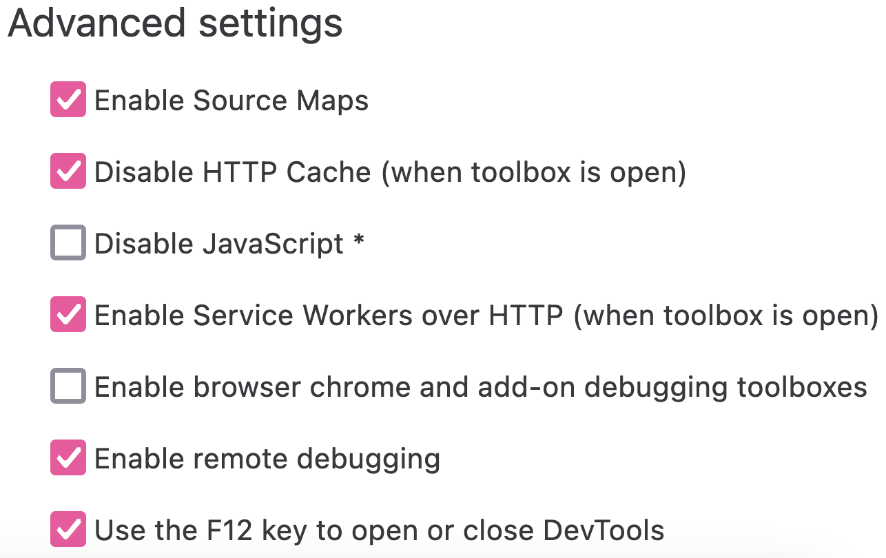 screenshot of the devtools settings for disabling caching