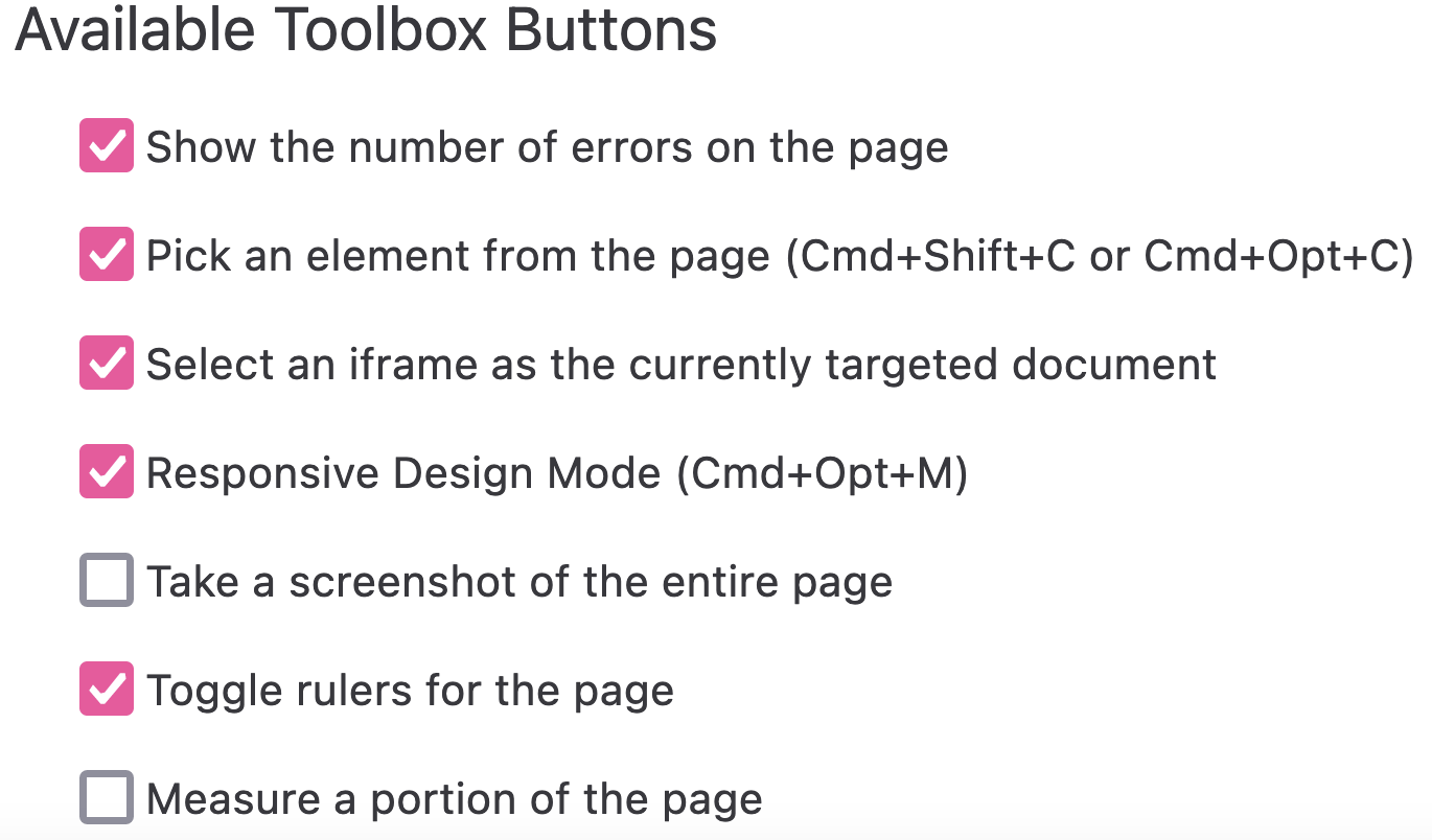 screenshot of the devtools settings for rulers