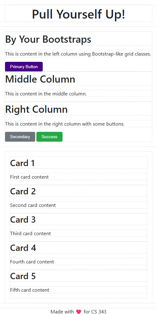 Mobile view of the finished page, with every column stacked vertically