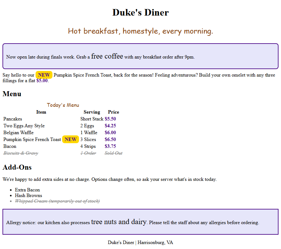 Duke's Diner menu page after all the classes are applied, with purple prices, gold NEW badges, grayed-out sold-out items, boxed callouts, and a cursive header tagline