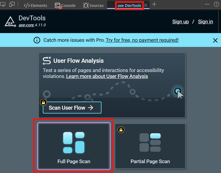 Run Full Page Scan in Axe DevTools