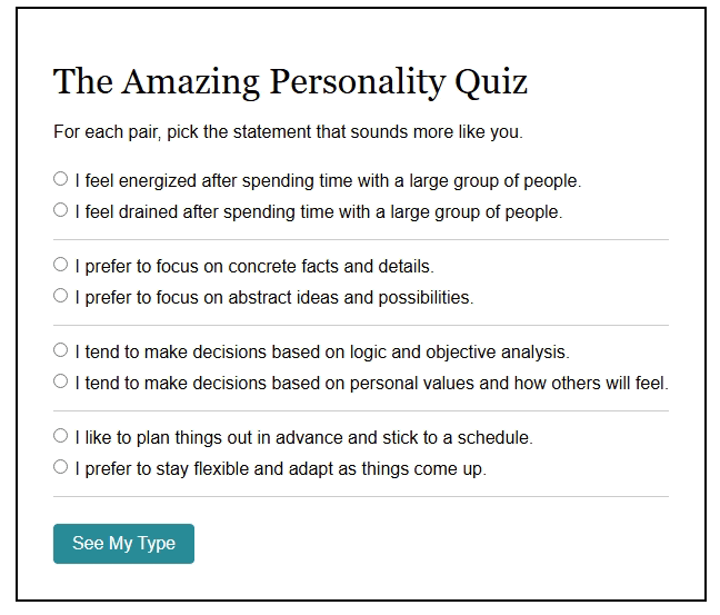 Animated example showing the quiz being taken and the results being displayed