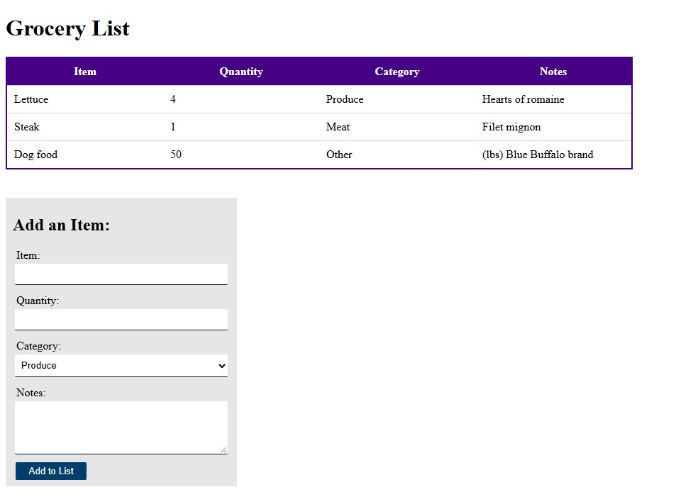 Grocery list with a styled form, labels stacked above each field