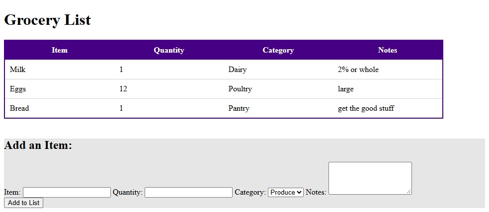 Grocery list with an unstyled form below the table