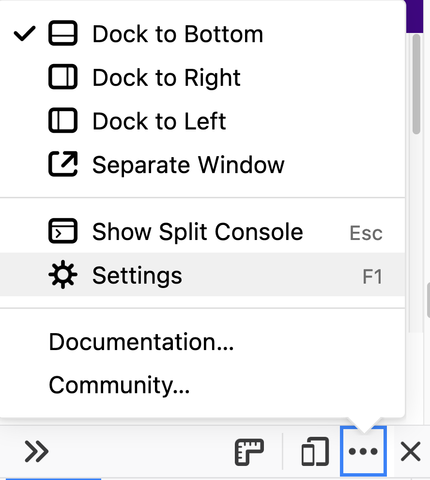 screenshot showing where to find the devtools settings