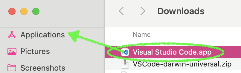 Annotated screenshot showing visual studio code in the Downloads folder in Finder and pointing to Applications in the finder sidebar