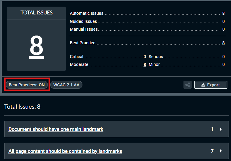 Axe DevTools Best Practices toggle