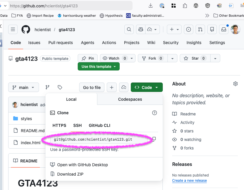 screenshot of github repo page showing the code button's dropdown that shows the url to clone