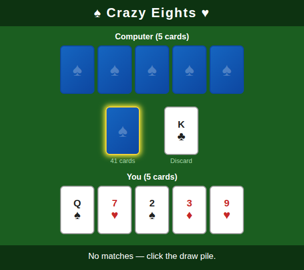 screenshot of the finished lab playing Crazy Eights