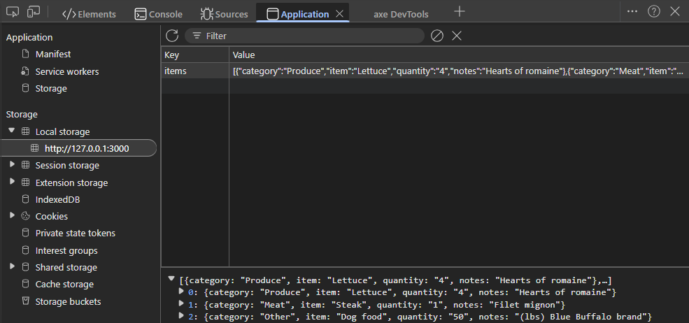 localStorage view in Chrome/Edge DevTools