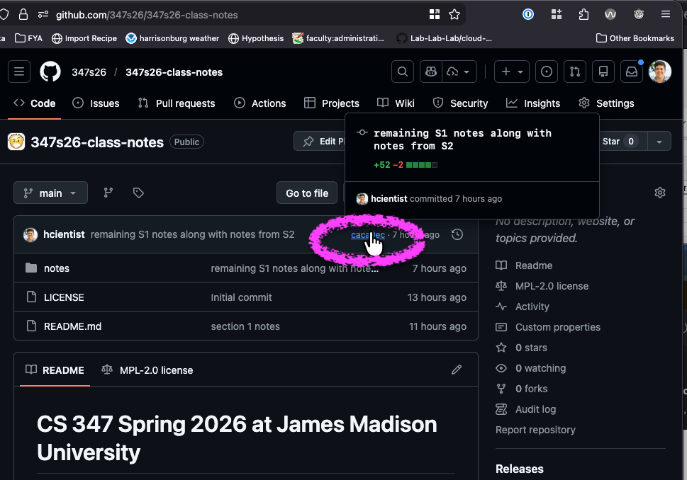 screenshot showing most recent commit link