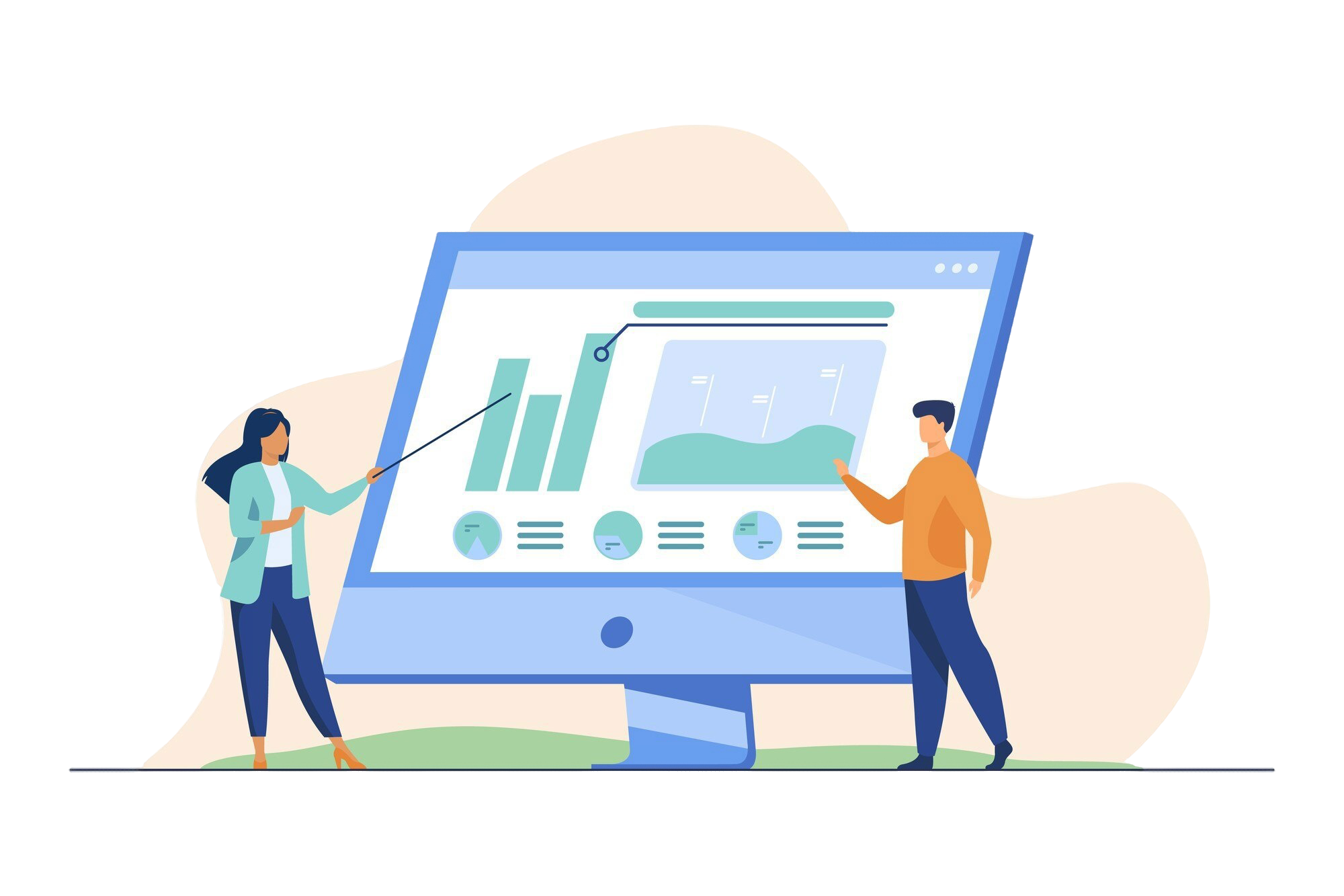 Professionals analyzing charts on computer monitor