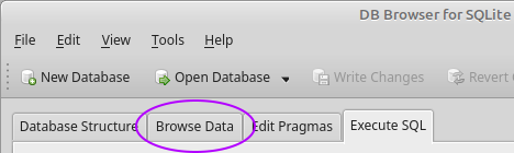 DB Browser with the Browse Data tab circled