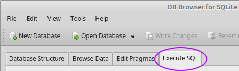 DB Browser with the Execute SQL tab circled