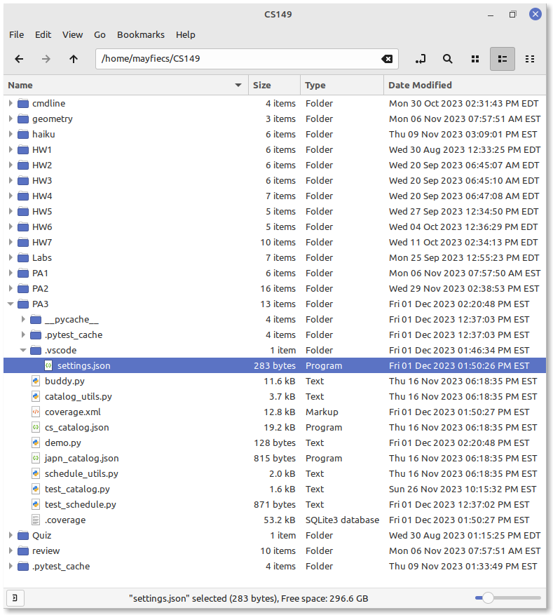 Screenshot of CS149 files