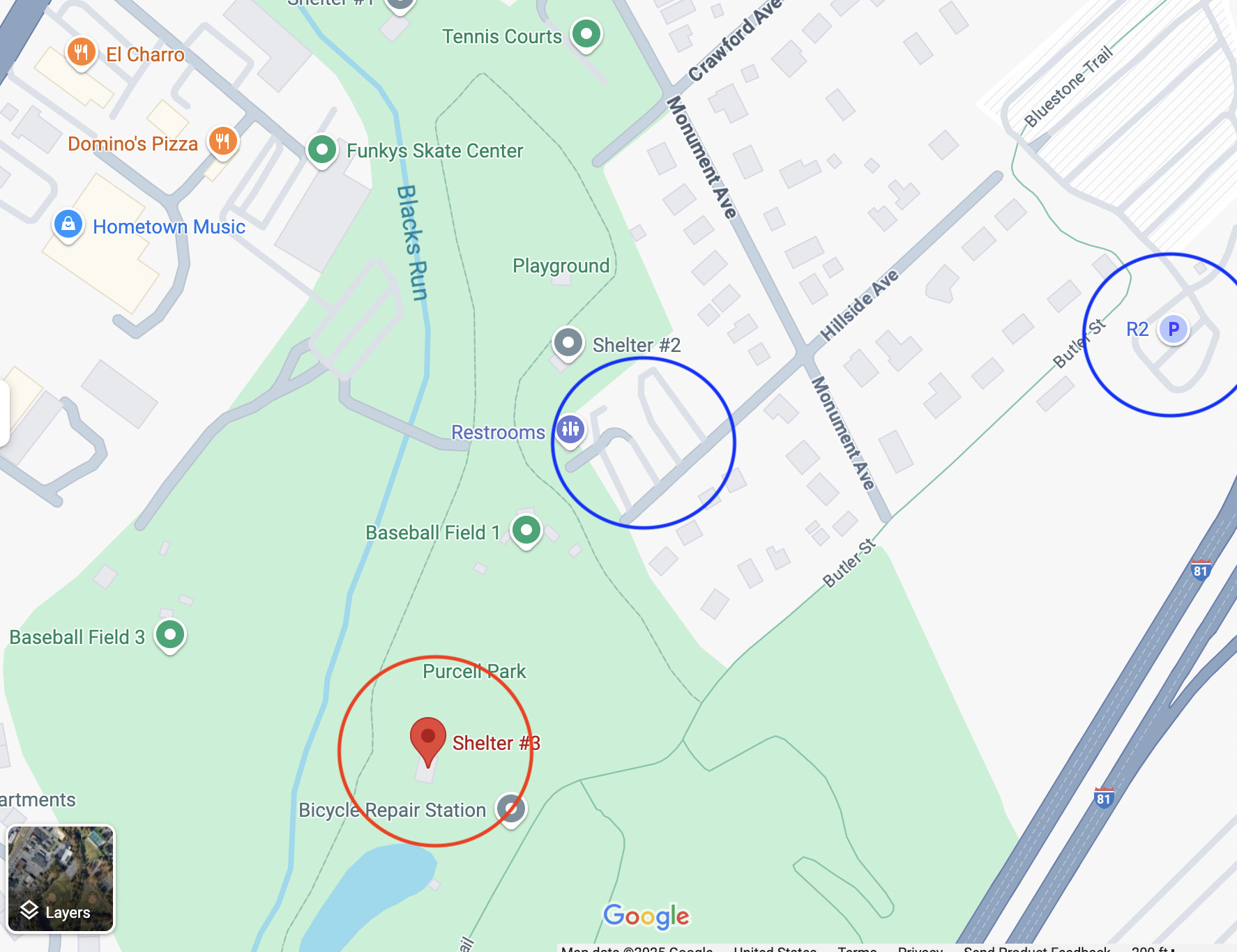 Google Maps screenshot with parking lots circled
