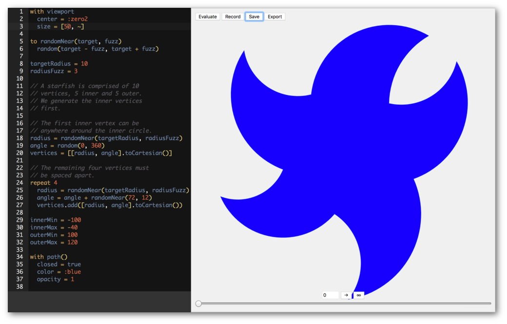 Twoville: code that generates a random starfish, beside the rendered starfish